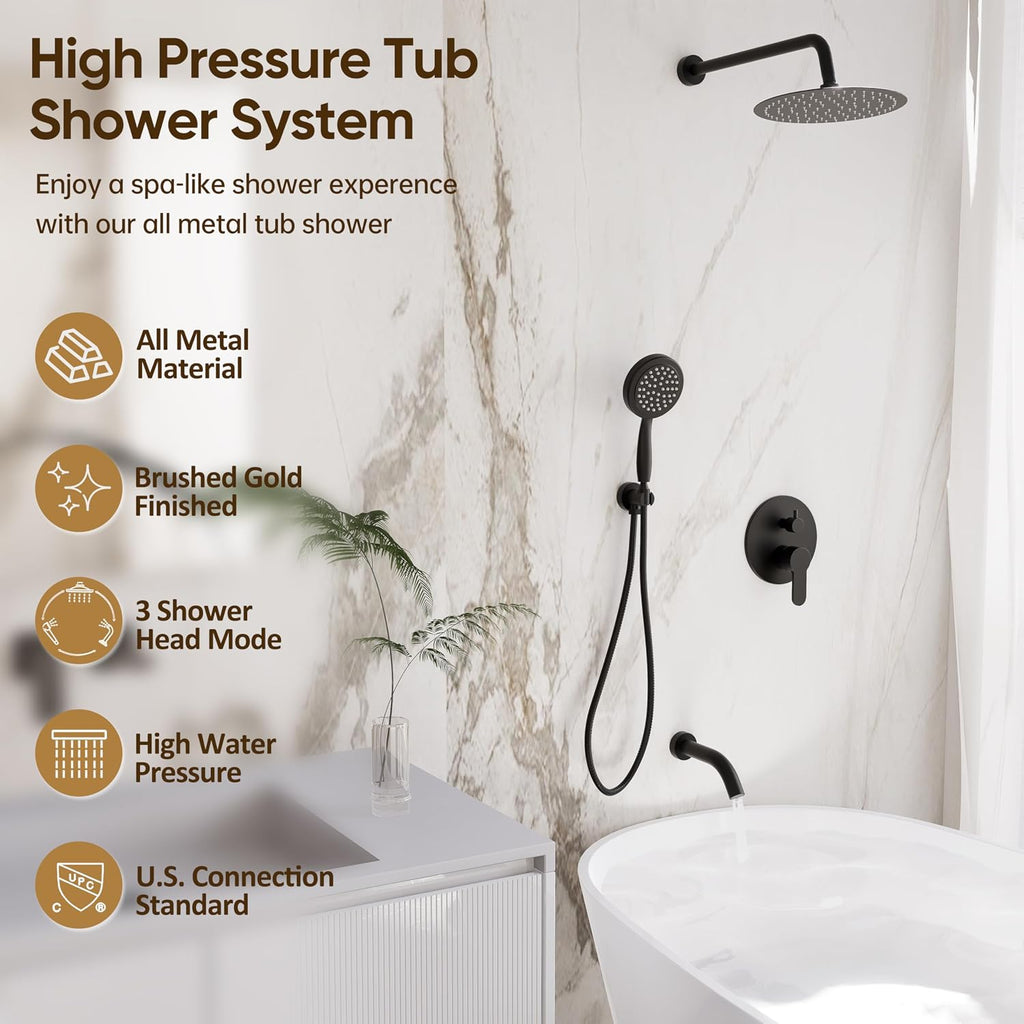 Shower System with Tub Spout, Shower Faucet Set with 10-Inch Rain Shower Head, Handheld Shower head and Shower Faucet Trim valve, Wall Mounted Bathroom Shower Combo Set, Matte Black