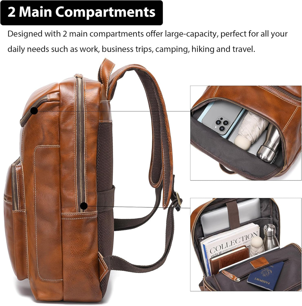 LANNSYNE Vegetable Tanned Leather Backpack For Men, 17' Laptop Backpack, Casual Outdoor Business Travel Rucksack, YKK Zippers