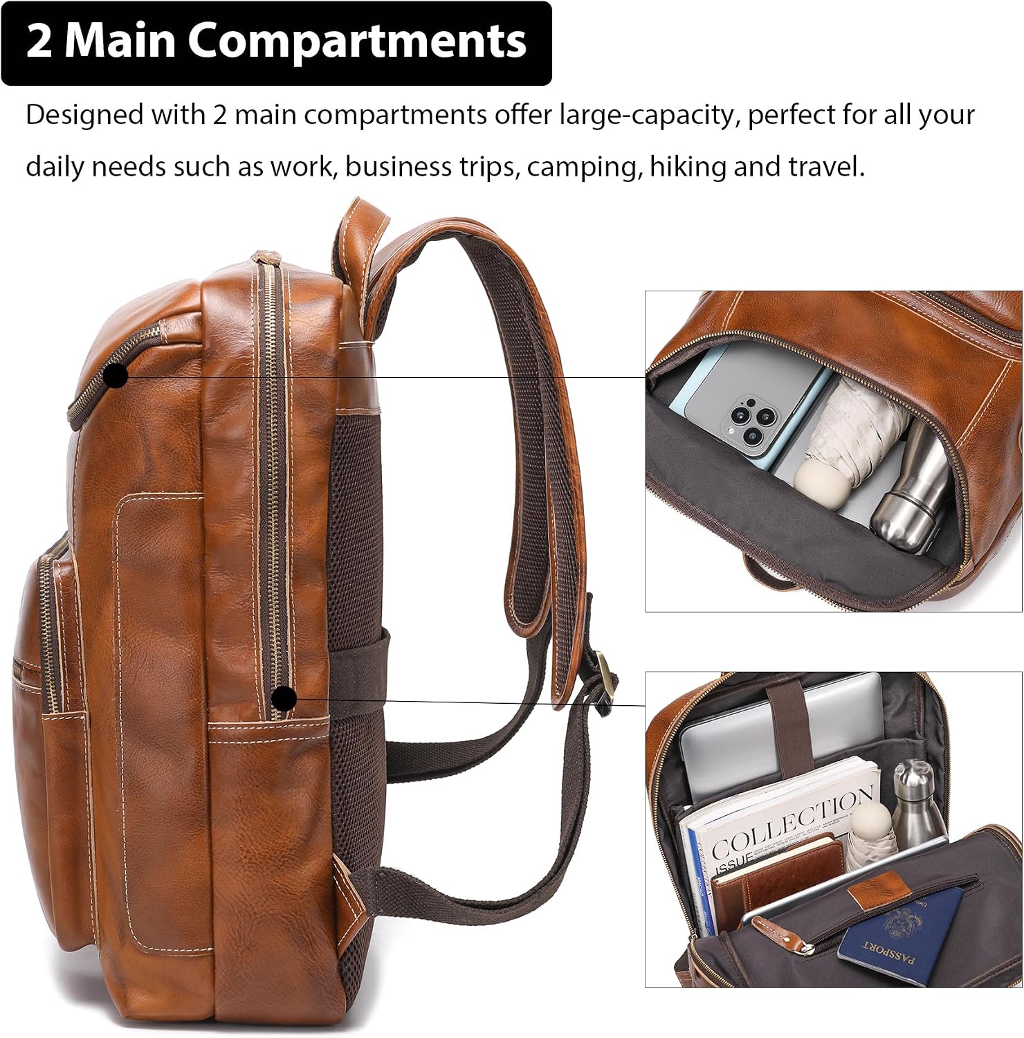 LANNSYNE Vegetable Tanned Leather Backpack For Men, 17' Laptop Backpack, Casual Outdoor Business Travel Rucksack, YKK Zippers