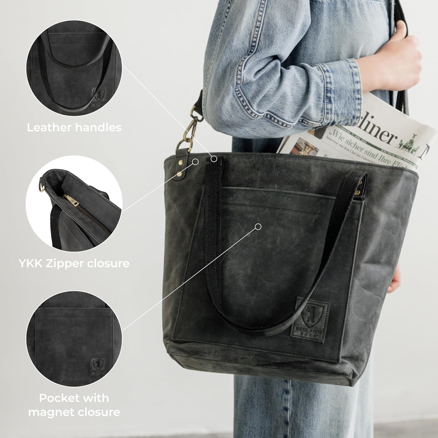 BERLINER BAGS Vintage Genuine Leather Tote Bag Verona, Handbag, Large Shopper, Work Bag for Women