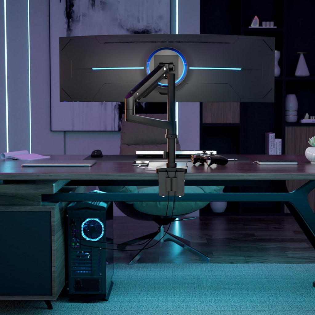 Mount-It! Proflex Series Height-Adjustable Ultrawide Monitor Arm with Pole, Fits 17–49' Screens, Gas Spring, 44 lbs Capacity, USB-C & USB 3.0 Ports, Full Motion, VESA 75/100, Clamp or Grommet