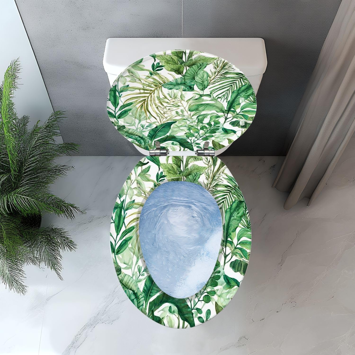 Elongated Toilet Seat Tropical seamless exotic leaves Floral painted watercolor Resin Toilet Seat with Quietly Close Quick Release Hinges Decorative Toilet Seat with Cover Easy to Clean and Install
