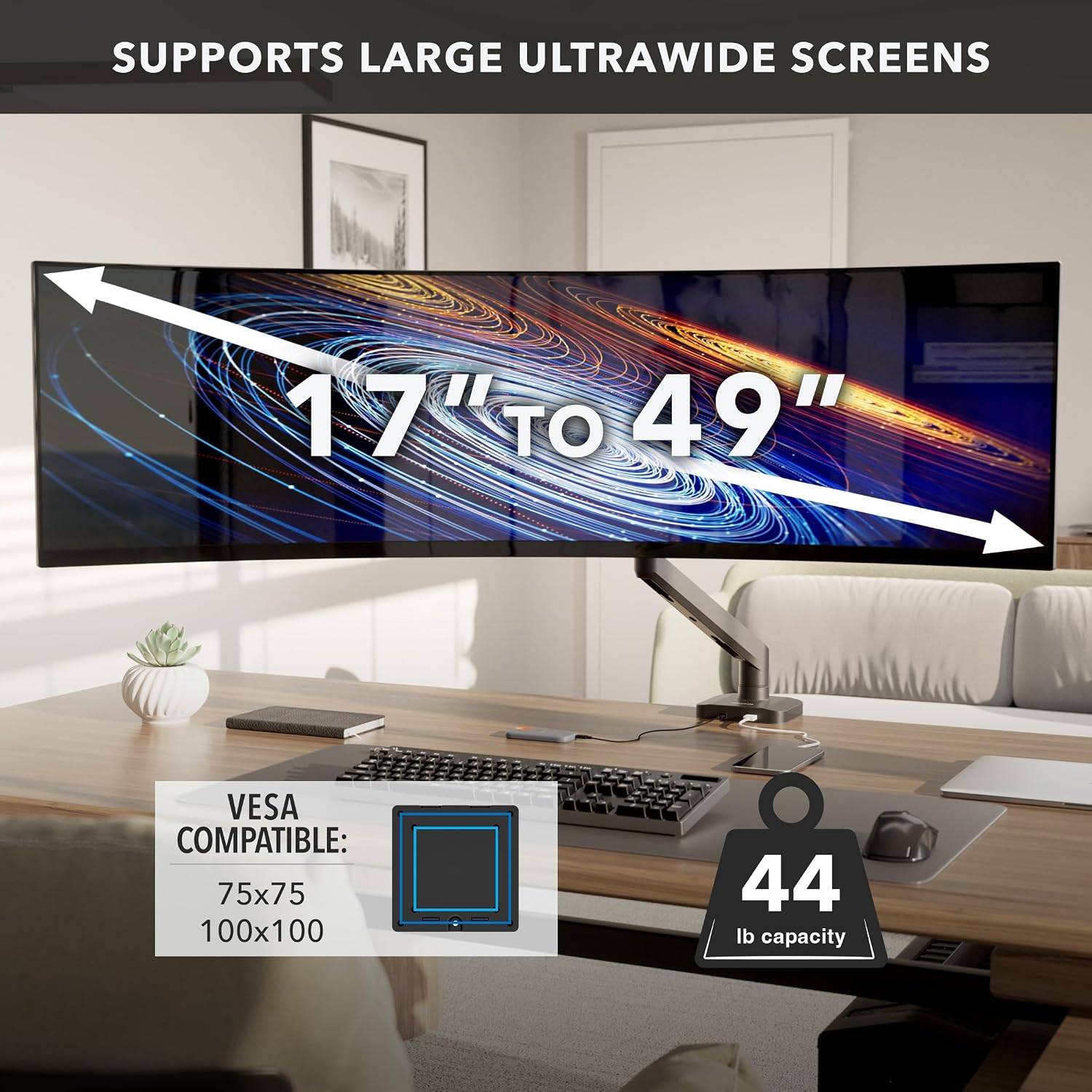 Mount-It! Proflex Series Heavy-Duty Monitor Desk Mount, Fits 17–49' Ultrawide Curved Screens, Full Motion Gas Spring Arm, 44 lbs Capacity, USB-C & USB 3.0 Ports, VESA 75/100, Clamp or Grommet Base
