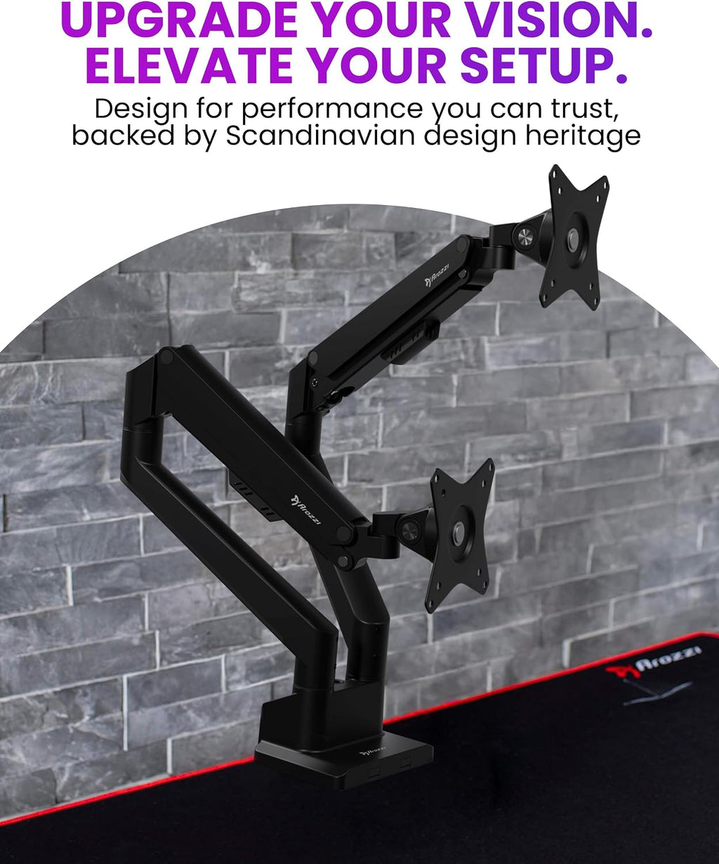 Arozzi Alzare Neo Duo Dual Gas Spring Monitor Arm - 2 Independent Arms, 17':34' Monitors, VESA 75/100, 360 Rotation, Up to 20 lbs Each, Cable Management, C-Clamp & Grommet Included - Black