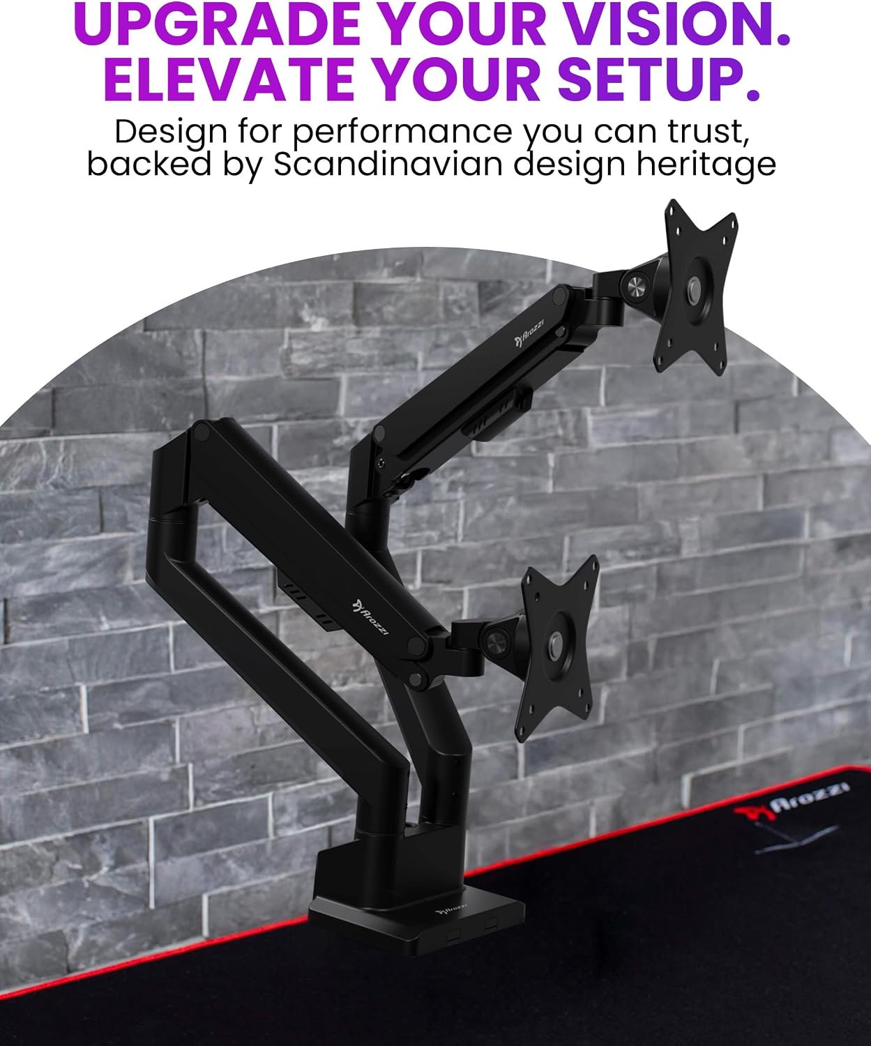 Arozzi Alzare Neo Duo Dual Gas Spring Monitor Arm - 2 Independent Arms, 17':34' Monitors, VESA 75/100, 360 Rotation, Up to 20 lbs Each, Cable Management, C-Clamp & Grommet Included - Black