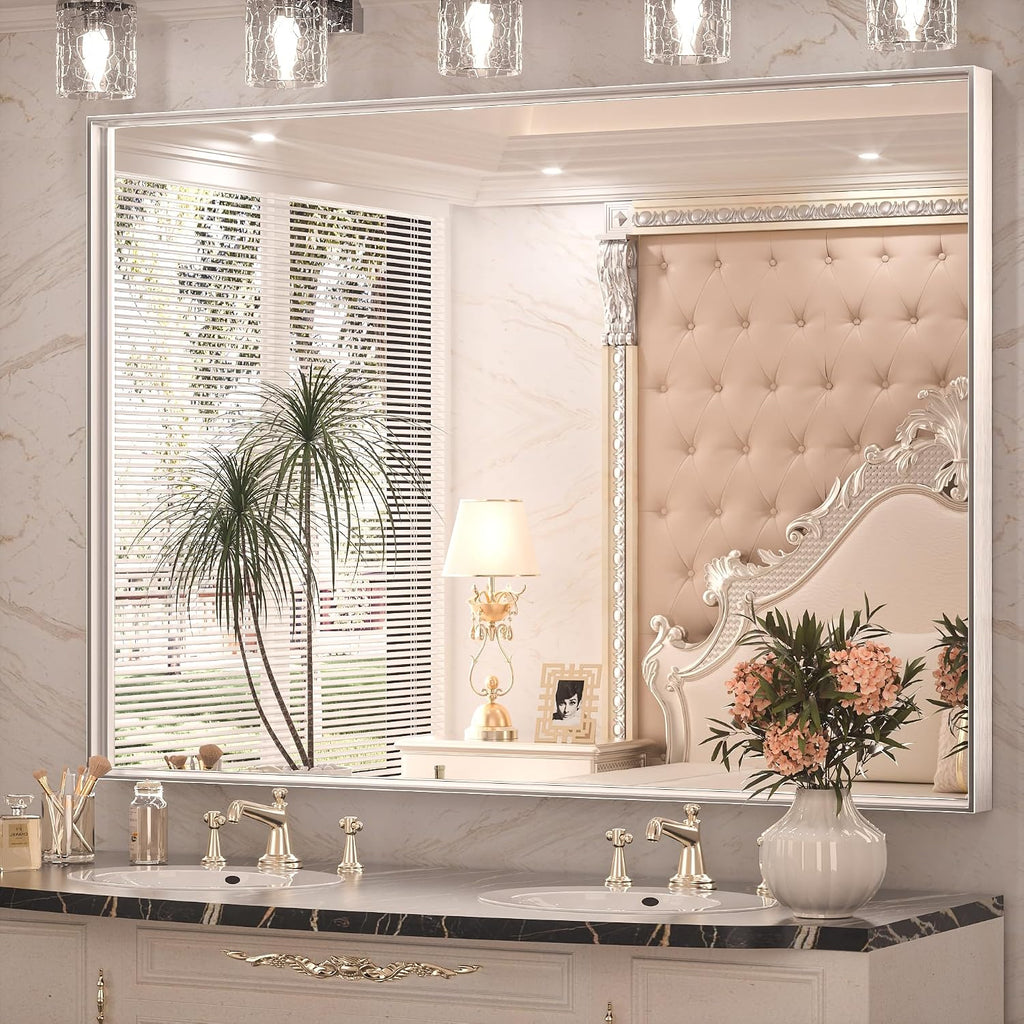 Keonjinn 48 x 36 Inch Silver Bathroom Mirror for Over Sink Large Rectangle Wall Mirror Brushed Metal Framed Square Corner Vanity Mirror Wall Mounted Rectangular Farmhouse Mirror(Horizontal/Vertical)