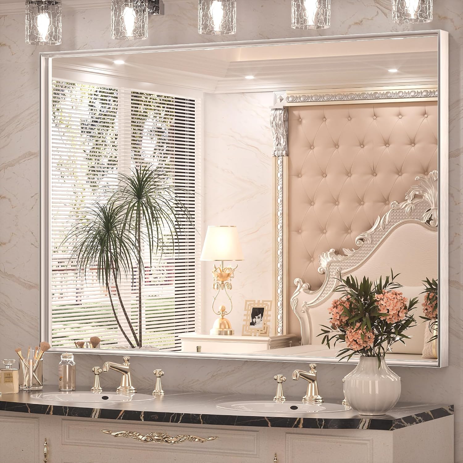 Keonjinn 48 x 36 Inch Silver Bathroom Mirror for Over Sink Large Rectangle Wall Mirror Brushed Metal Framed Square Corner Vanity Mirror Wall Mounted Rectangular Farmhouse Mirror(Horizontal/Vertical)