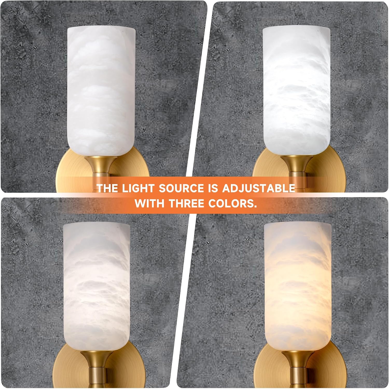 Alabaster Wall Sconce Set of 2, 14in Modern Brass Spanish Natural Marble Bathroom Vanity Sconces, Indoor Gold Wall Lighting Fixtures Decor for Bedroom Living Room Staircases