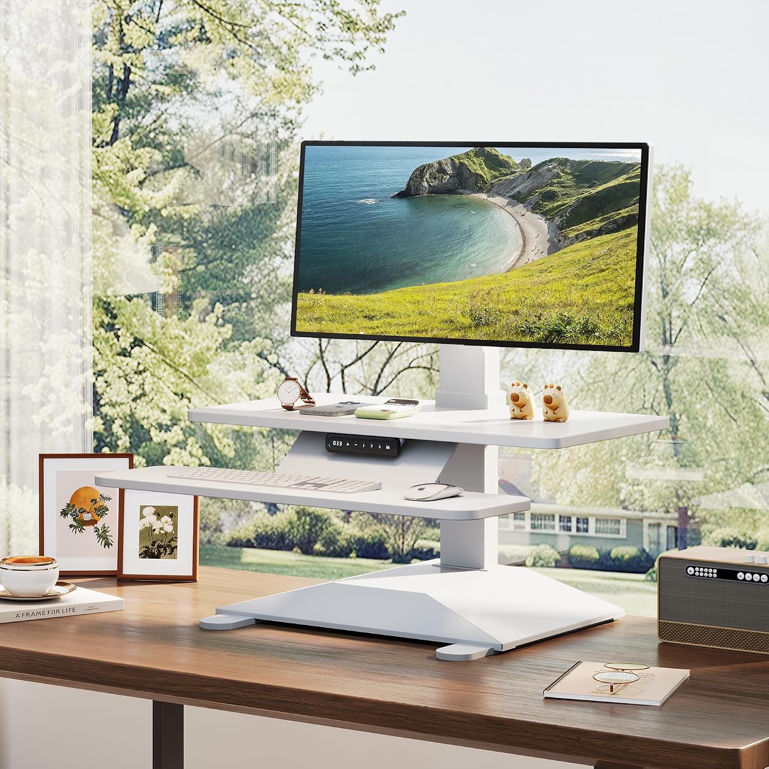 Electric Standing Desk Converter 28' Wide, Height Adjustable Desk Riser, Computer Workstation, Sit-Stand Convertor for Home, Office, School (White, 1 Arm Included)