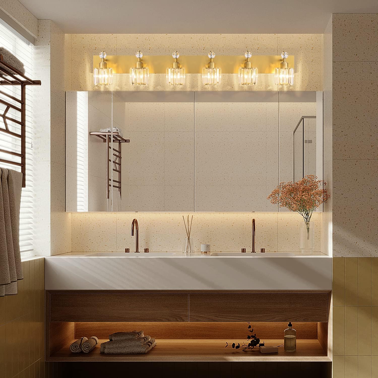 PRESDE Crystal 6 Light Bathroom Vanity Lights Gold Vanity Light for Bathroom Over Mirror Modern Wall Sconce