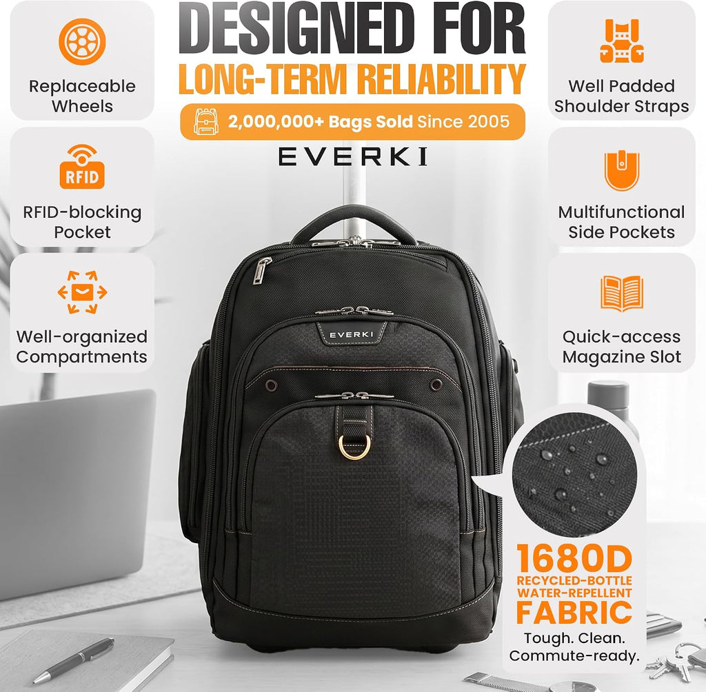 EVERKI Atlas Wheeled 2 Rolling Backpack - Business 30L Travel Backpack with Grey Replaceable Wheels for Professional, RFID-Blocking, Books, Quick-Access Pocket & 13' to 17.3' Laptops - (EKP122BG-ECO)