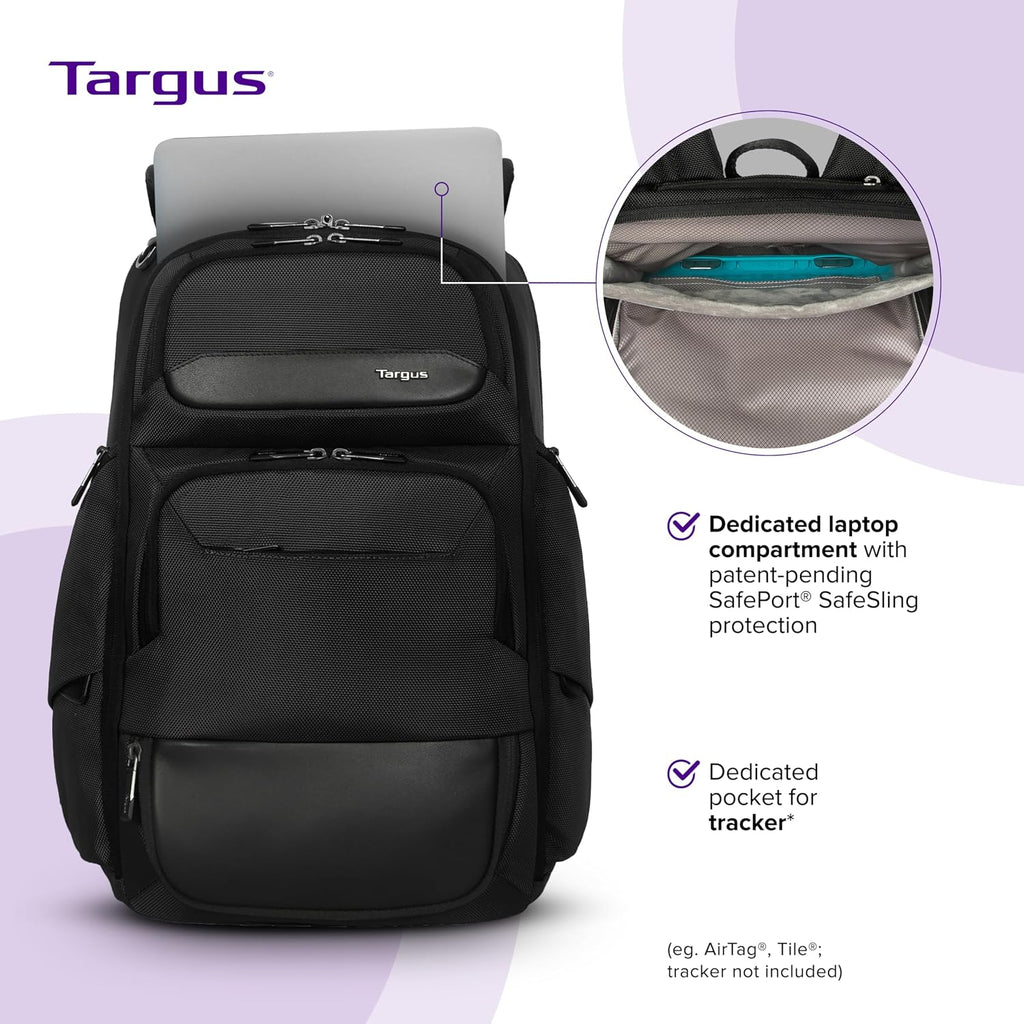 Targus 15-16 Inch Heritage Luxe Backpack, Professional Laptop Backpack with Padded Laptop Compartment, Ergonomic Shoulder Straps, Water-Resistant Fabric, Spacious Storage, Black (TBB656GL)