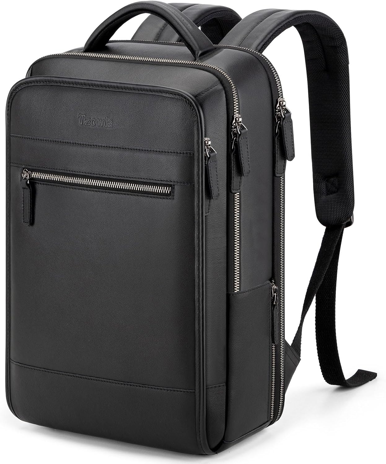 Tzowla Leather Laptop Backpack, Bag for Men and Women,Business Travel Work Rucksack Fits 15.6 Inch Laptop,Bookbag with USB and Type-C Charging Port-Black