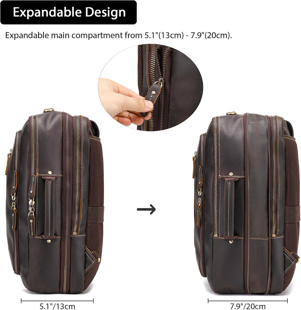 LANNSYNE Vintage Genuine Leather Backpack For Men, 2 in 1 Expandable Briefcase Fits 17'' Laptop Crossbody shoulder Bag Business/Travel Rucksack
