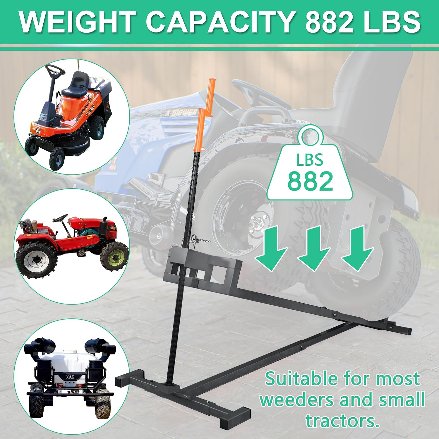 Riding Mower Jack Lawn Tractor Lift 882LBS Capacity Zero Turn Lawn Mower Ramps Lawnmower Maintenance with Manual Handle & Power Tool Extension Handle, Gray