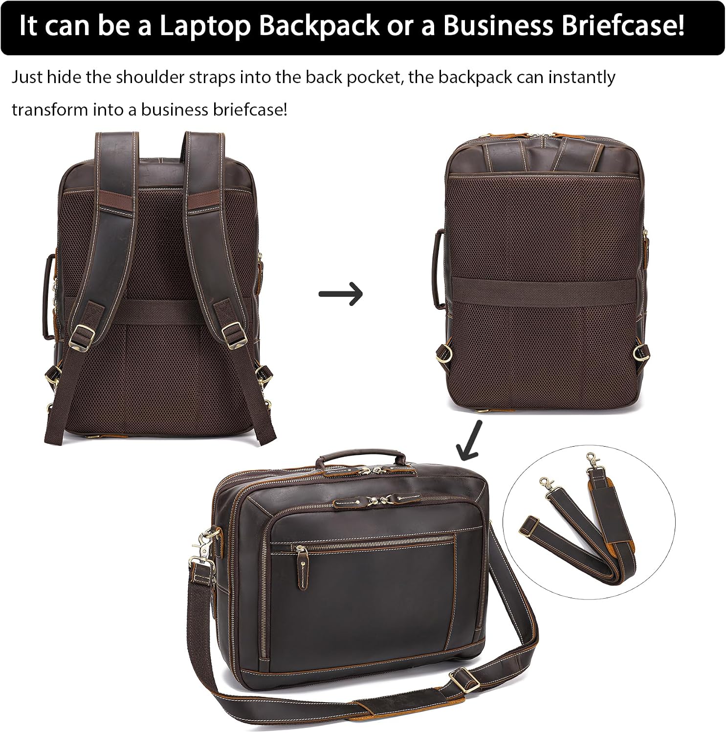 LANNSYNE Vintage Genuine Leather Backpack For Men, 2 in 1 Expandable Briefcase Fits 17'' Laptop Crossbody shoulder Bag Business/Travel Rucksack