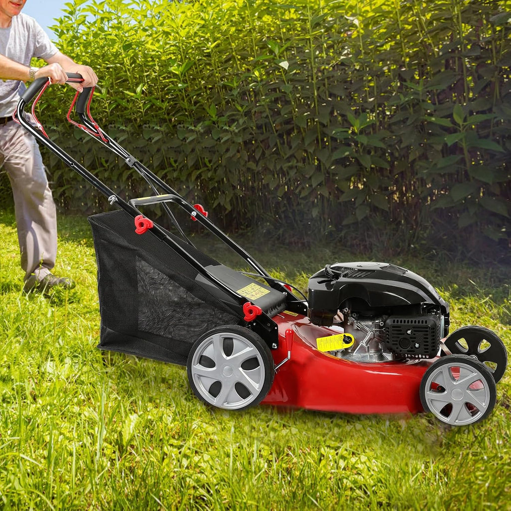 20' 141cc Lawn Mower Gas, 4-Stroke Self Propelled Push Lawn Mower with Blade & 50L Bag, 3-in-1 Walk-Behind Lawns Mowers, Foldable Handle for Easy Storage Red