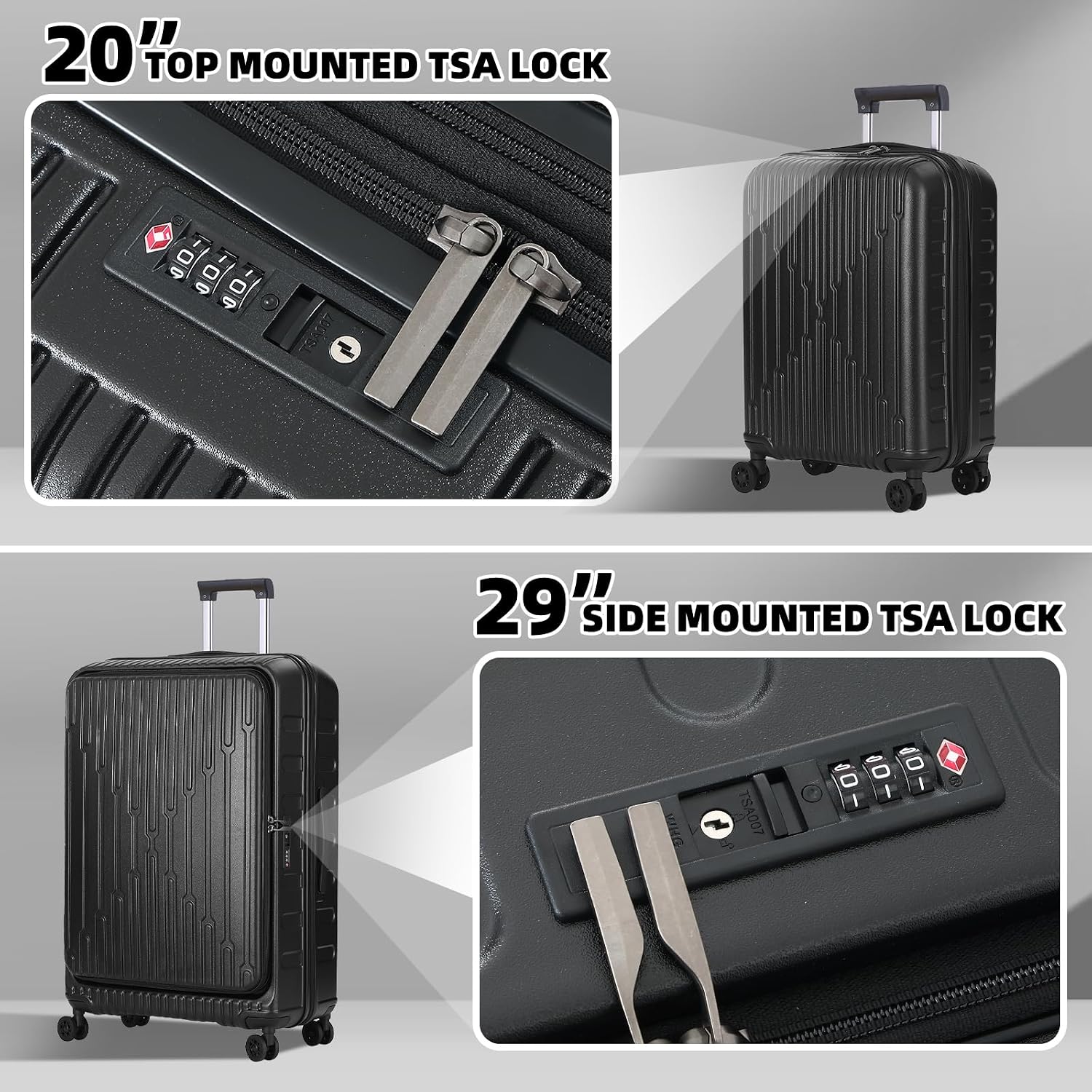 Kaleenie 2 Pieces 20/29 Luggage Sets, 20 Inch Cabin Luggage with Front Pocket & 29 Inch Side Opening Suitcase, Ligthweight ABS+PC Hardshell, TSA Lock with HINOMOTO 360° Wheels, Black