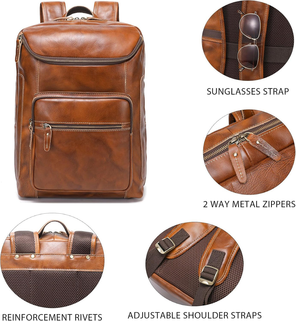 LANNSYNE Vegetable Tanned Leather Backpack For Men, 17' Laptop Backpack, Casual Outdoor Business Travel Rucksack, YKK Zippers