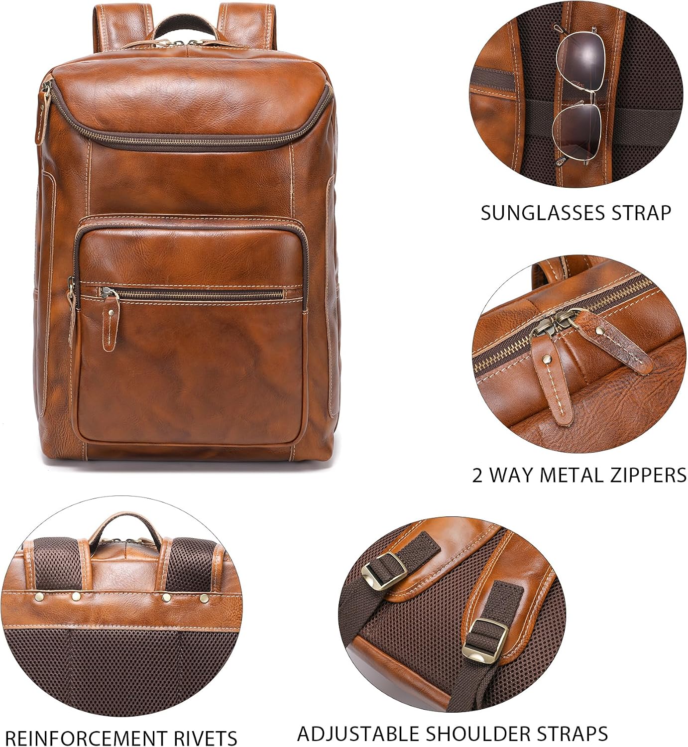 LANNSYNE Vegetable Tanned Leather Backpack For Men, 17' Laptop Backpack, Casual Outdoor Business Travel Rucksack, YKK Zippers