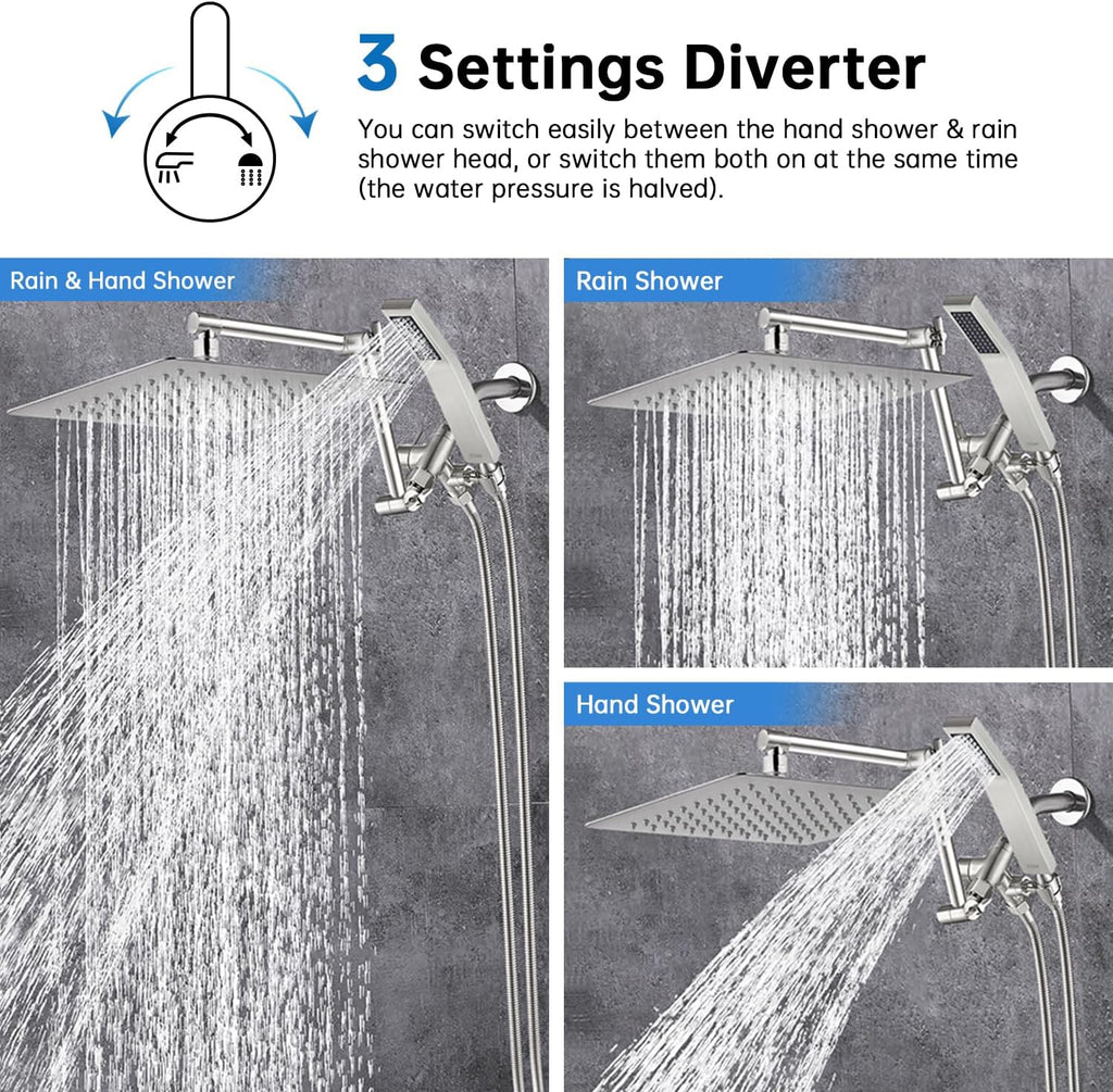 G-Promise All Metal 12 Inches Rainfall Shower Head with Handheld Spray Combo, 3 Settings Diverter, Adjustable Extension Arm with Lock Joints, 71 Inches Stainless Steel Hose (Brushed Nickel)