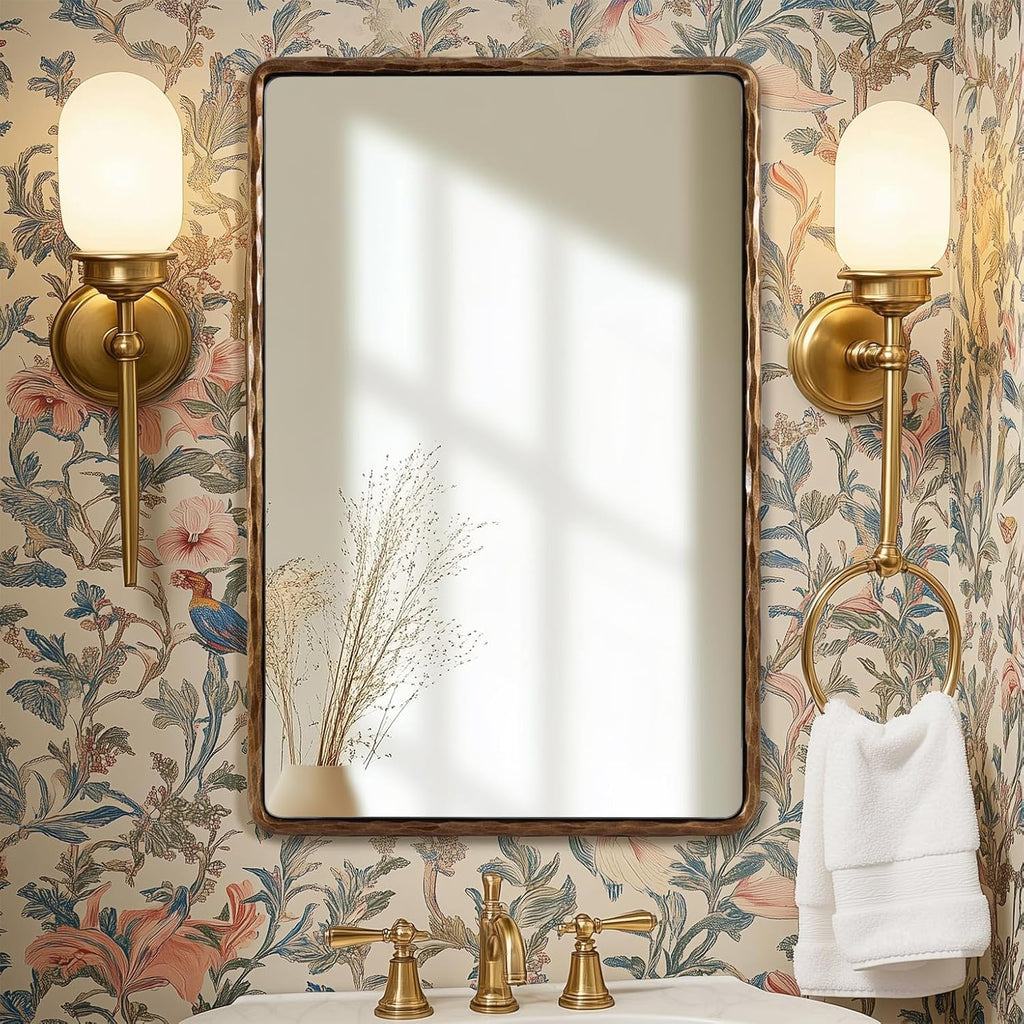 ANDY STAR Hand-Forged Gold Bathroom Mirrors for Wall, 24x36 Inch Vintage Solid Steel Metal Frame Bathroom Vanity Mirror, Antique Rounded Rectangle Wall Mirror, Hangs Horizontally or Vertically