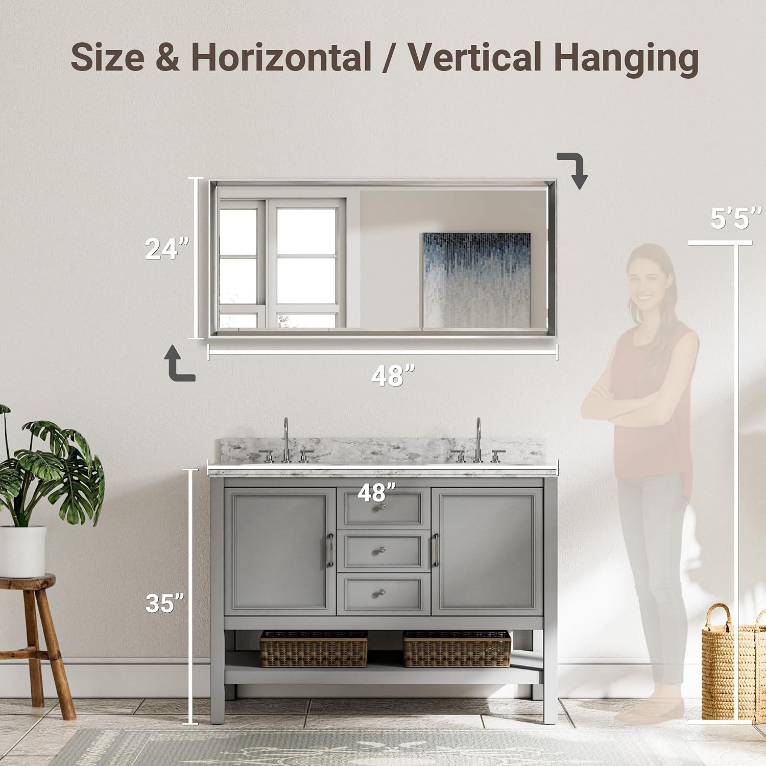 48x24 Beveled Silver Bathroom Vanity Mirror, Shatterproof Large Rectangle Metal Framed Mirror for Bathroom Wall, Anti-Rust Vertical/Horizontal Wall-Mounted Mirrors