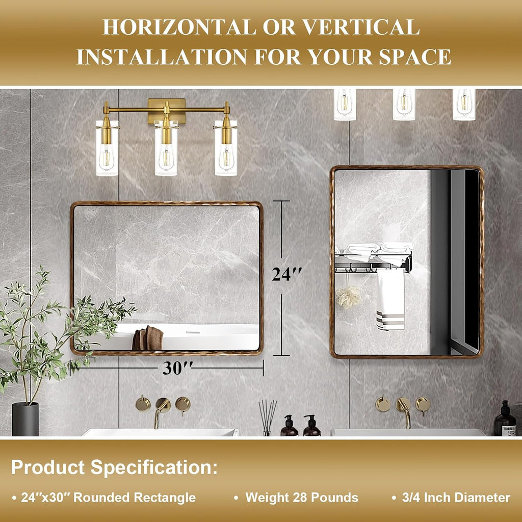 ANDY STAR Hand-Forged Gold Bathroom Mirrors for Wall, 24x30 Inch Vintage Solid Steel Metal Frame Bathroom Vanity Mirror, Antique Rounded Rectangle Wall Mirror, Hangs Horizontally or Vertically