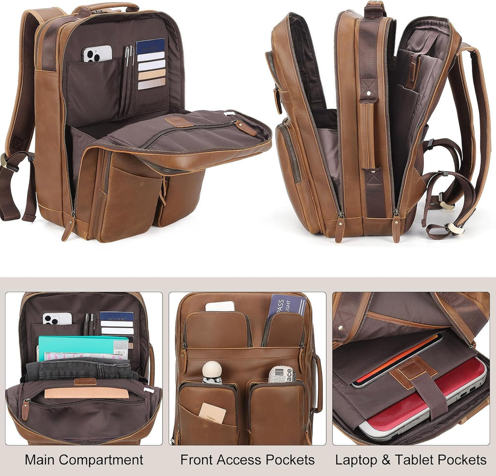 TIDING 17.3 Inch Full Grain Leather Laptop Backpack for Men Multi Pockets Casual Daypack Travel Rucksack