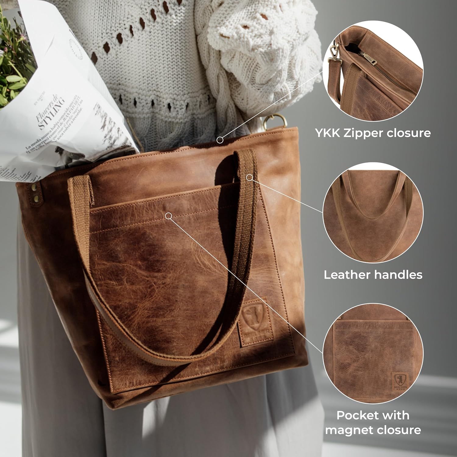 BERLINER BAGS Vintage Genuine Leather Tote Bag Verona, Handbag, Large Shopper, Work Bag for Women