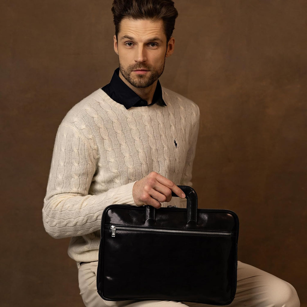 Time Resistance Slim Leather Briefcase - Italian Handmade Leather Computer Bag - Briefcase for Men and Women - Laptop Bag