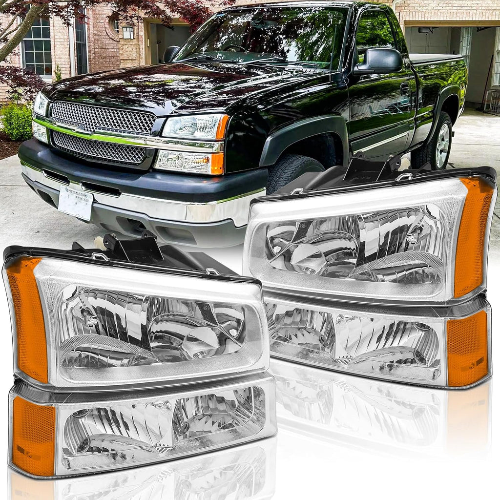 Headlights and Taillights Assembly Combo Kits for 2003-2006 Chevy Silverado 1500 2500 3500 & 2007 Chevy Silverado Classic Head Lamps/Red Rear Tail Brake Signal Lights Replacement (LH RH),Chrome Amber
