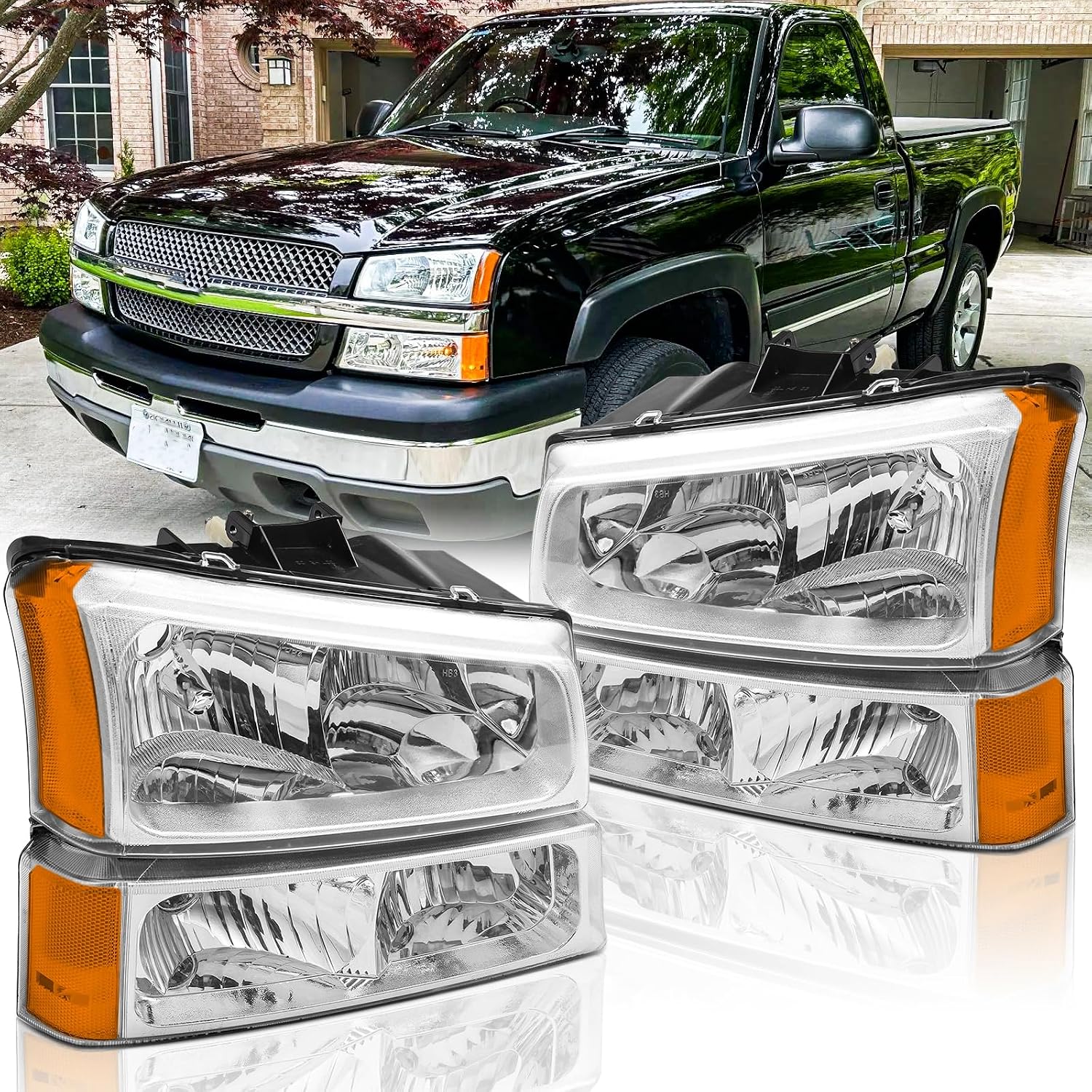 Headlights and Taillights Assembly Combo Kits for 2003-2006 Chevy Silverado 1500 2500 3500 & 2007 Chevy Silverado Classic Head Lamps/Red Rear Tail Brake Signal Lights Replacement (LH RH),Chrome Amber