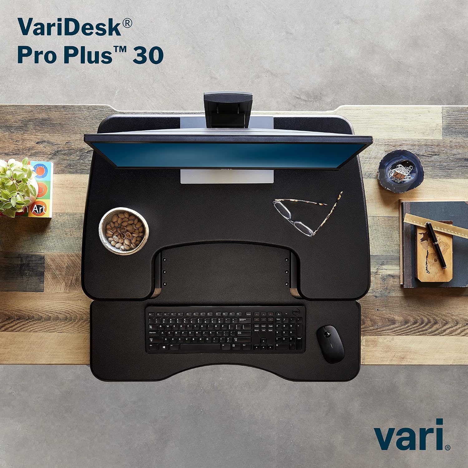 Vari VariDesk Pro Plus 30 Height Adjustable Standing Desk Converter for Home Office - Sit to Stand Desk with 11 Height Settings, Spring-Assisted Lift, and Weighted Base - Fully Assembled, Black