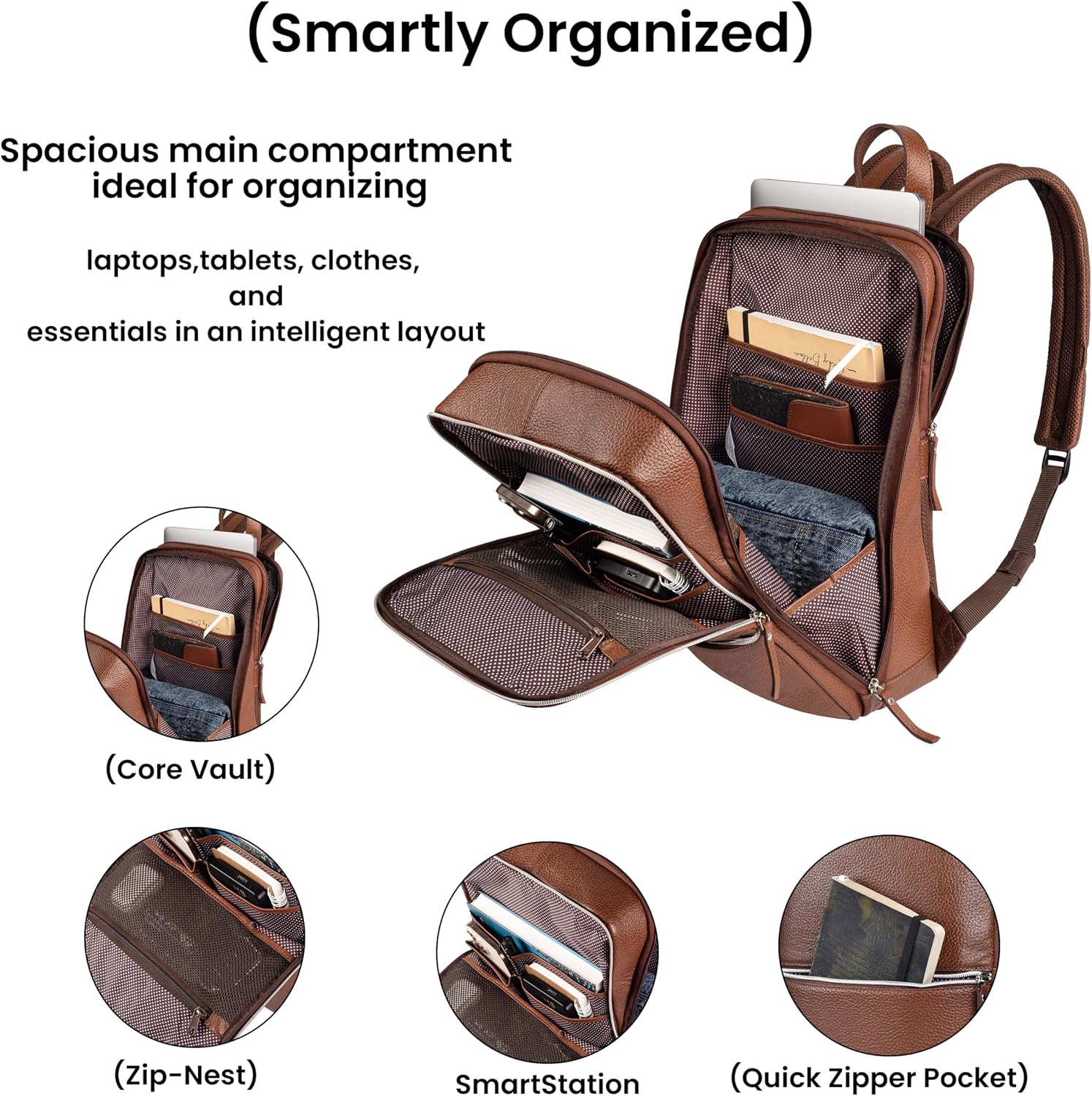LEATHER VILLAGE Leather Laptop Backpack for Men | Cognac Brown | Slim Professional Business Bag Fits 15.6'-Laptop | Water-Repellent Work & Travel Daypack with Trolley Strap