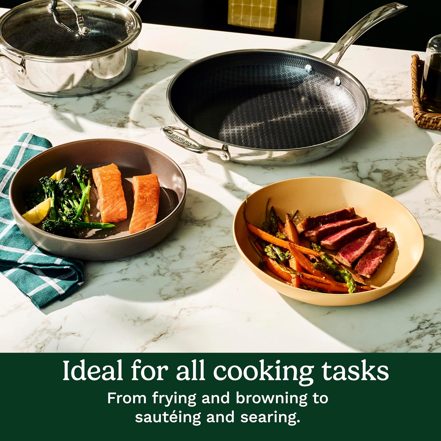 Cuisinart FusionPlus Hybrid Stainless Steel 4-Pc Skillet Cooking Set, 10 Inch and 12 Inch with Lids, PURELYSEAR Hybrid Searing Surface, Oven Safe, Cool Grip Handles, Induction Compatible