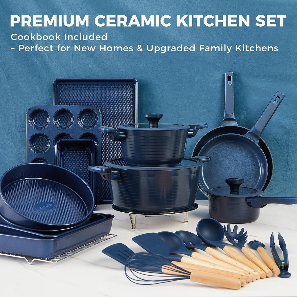 HONGBAKE Pots and Pans Set Nonstick, 26 Pcs All-in-One Kitchen Starter Set with Cookware, Bakeware & Silicone Utensils, Non Toxic Ceramic Coating, Induction & Oven Safe, PFOA PFOS Free, Blue
