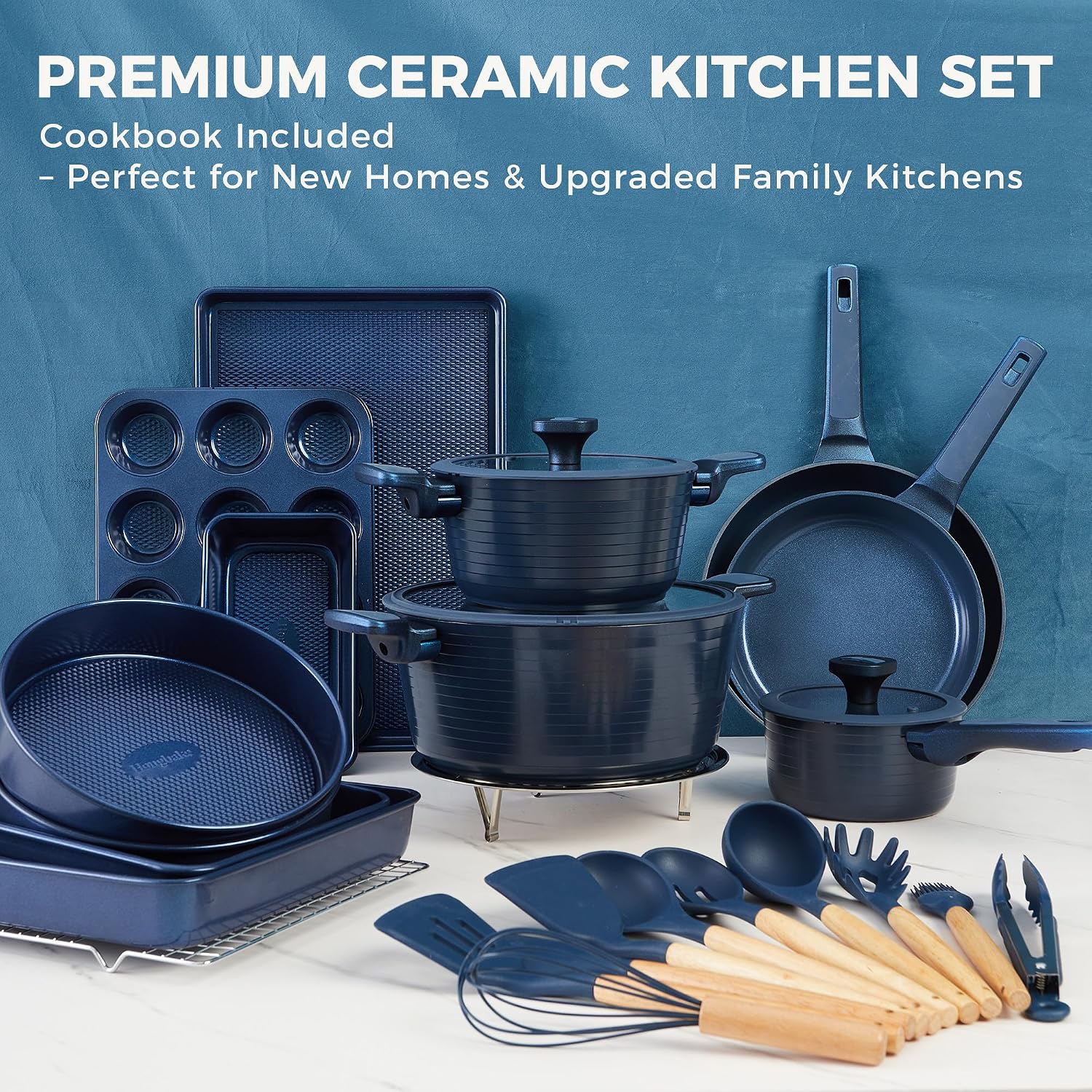 HONGBAKE Pots and Pans Set Nonstick, 26 Pcs All-in-One Kitchen Starter Set with Cookware, Bakeware & Silicone Utensils, Non Toxic Ceramic Coating, Induction & Oven Safe, PFOA PFOS Free, Blue
