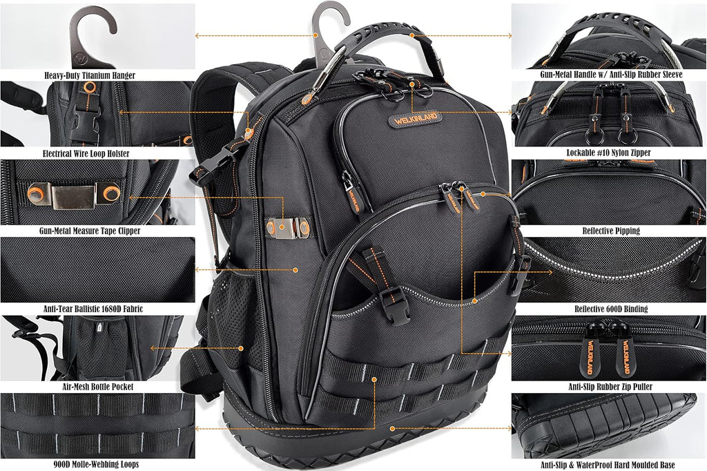 WELKINLAND 77-Pockets Electricians Tool Backpack, Tool Backpack For Men, HVAC Tools Bag Backpacks, Tools Backpacks For Construction