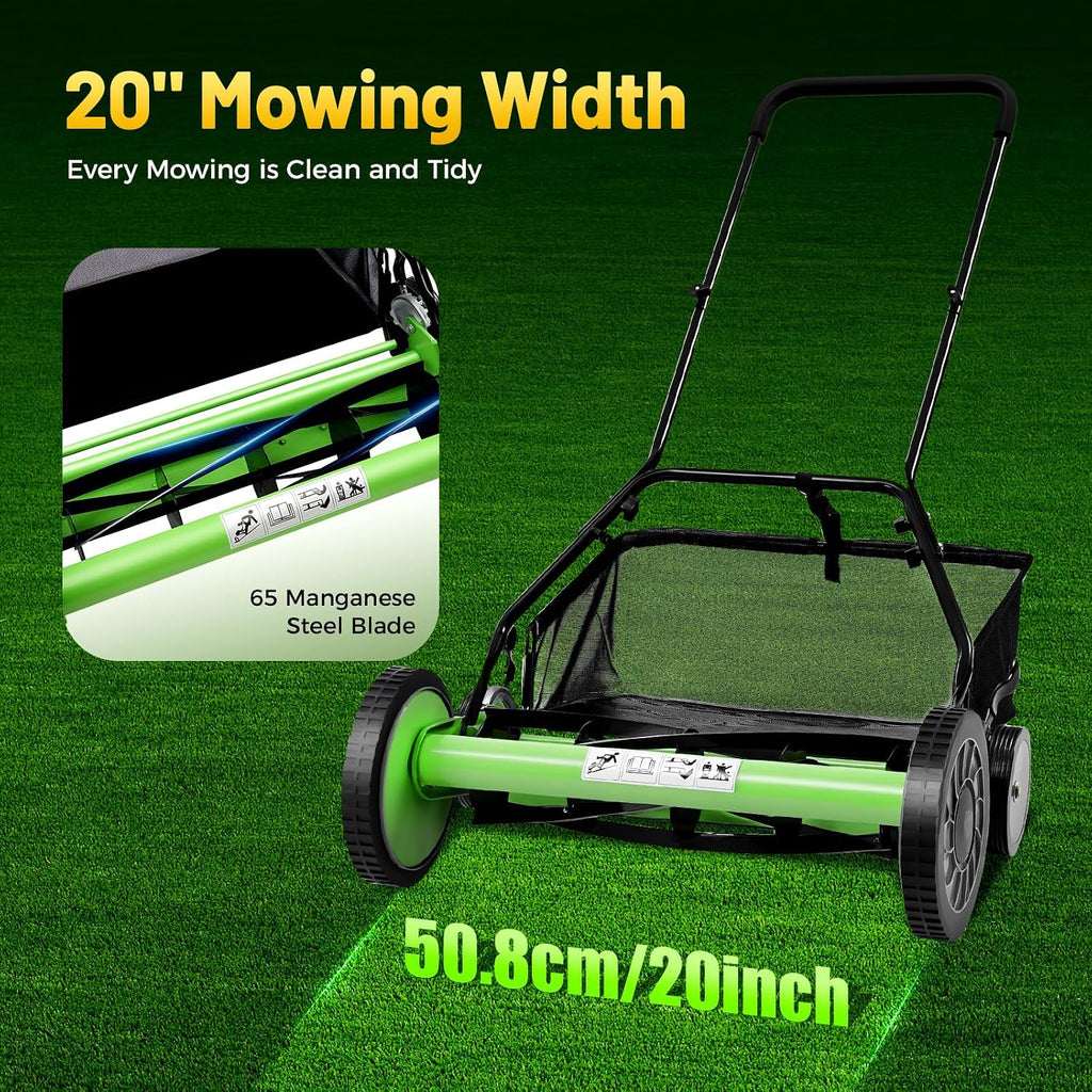 20' Push Reel Lawn Mower,5 Blades Cordless Manual Reel Lawn Mower, 1.3-2.5 Inch Adjustable Cutting Height, Manual Push Mower with Grass Catcher Bag