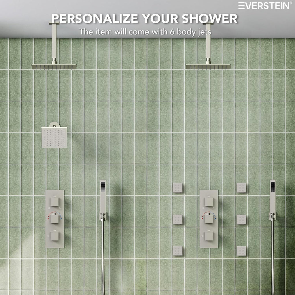 12' Ceiling Mount Dual Rainfall Shower Head System with Handheld Spray, Bathroom Shower Set with Valve (Brushed Nickel)