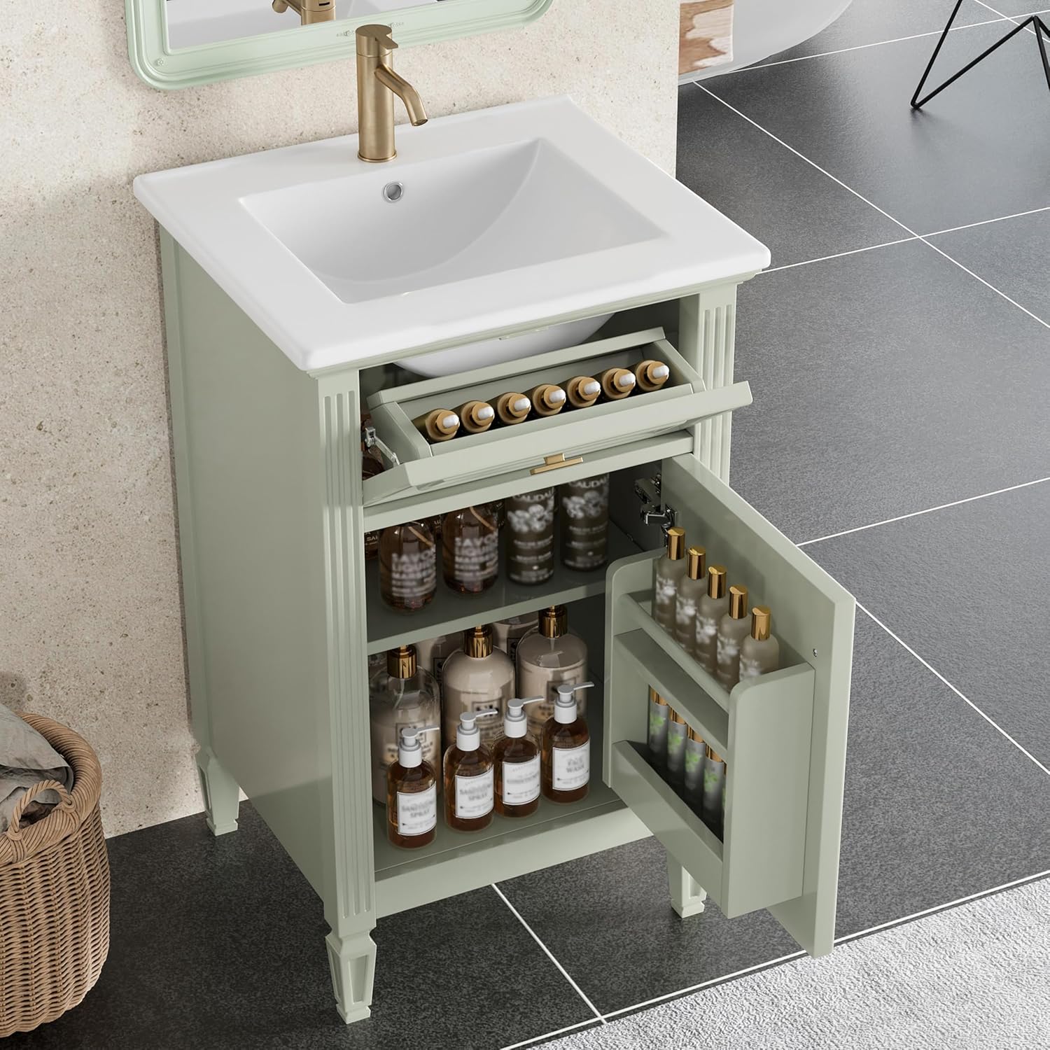 20 Inch Freestanding Bathroom Vanity with Ceramic Sink Set Combo Tip Out Drawer 1 Cabinet Door Shelf Modern Style Painted Gold-Tone Handle for Modern Small Bathroom Limited Space Green