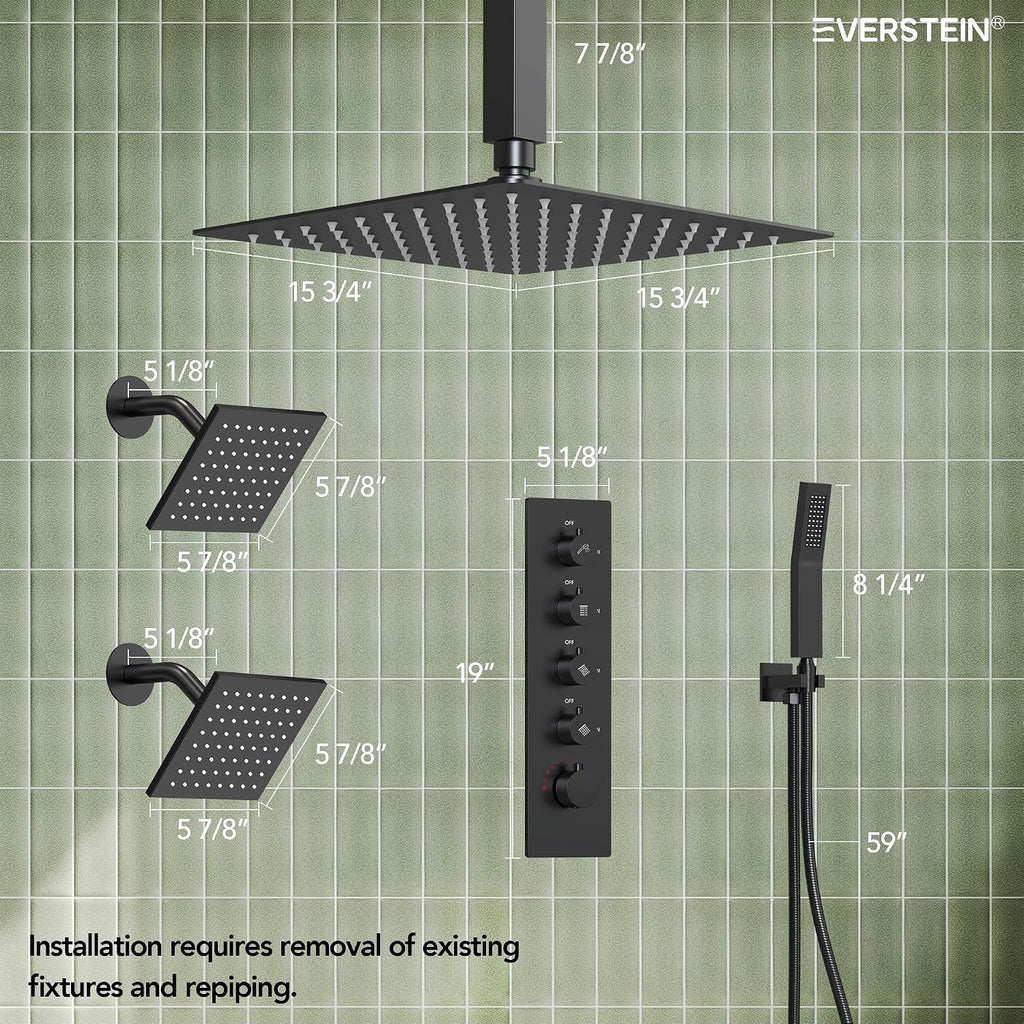 Thermostatic Shower system, 16, 6 in. Bathroom Shower Set Wall Mount Dual Shower Head Faucet in Matte Black