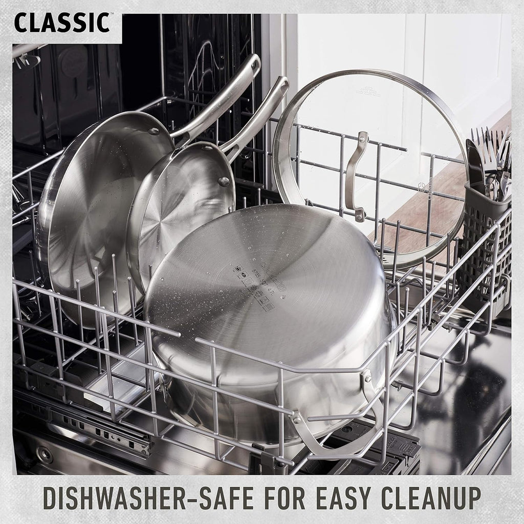 Calphalon Classic Stainless Steel Cookware Set, 10-Piece, Impact-Bonded Aluminum Base, Stay-Cool Handles, Oven Safe 450F, Silver
