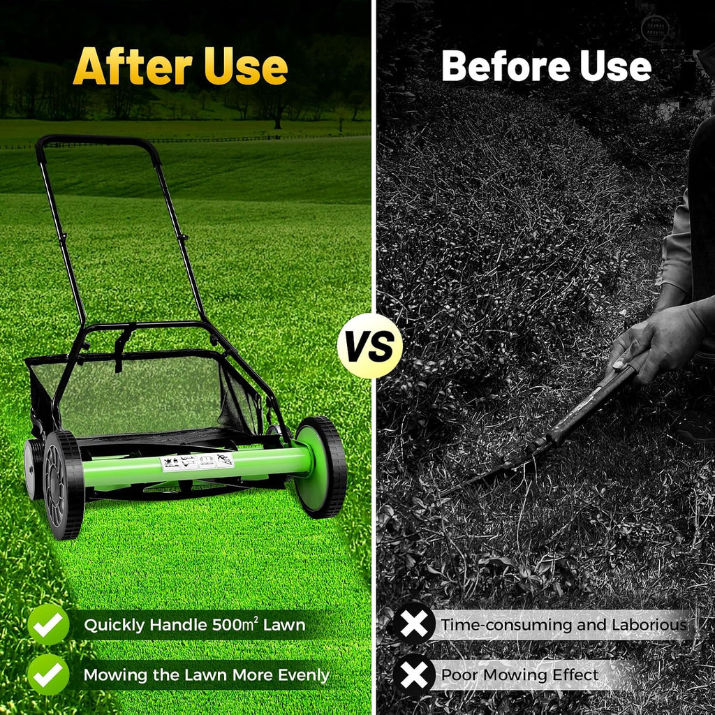 20' Push Reel Lawn Mower,5 Blades Cordless Manual Reel Lawn Mower, 1.3-2.5 Inch Adjustable Cutting Height, Manual Push Mower with Grass Catcher Bag