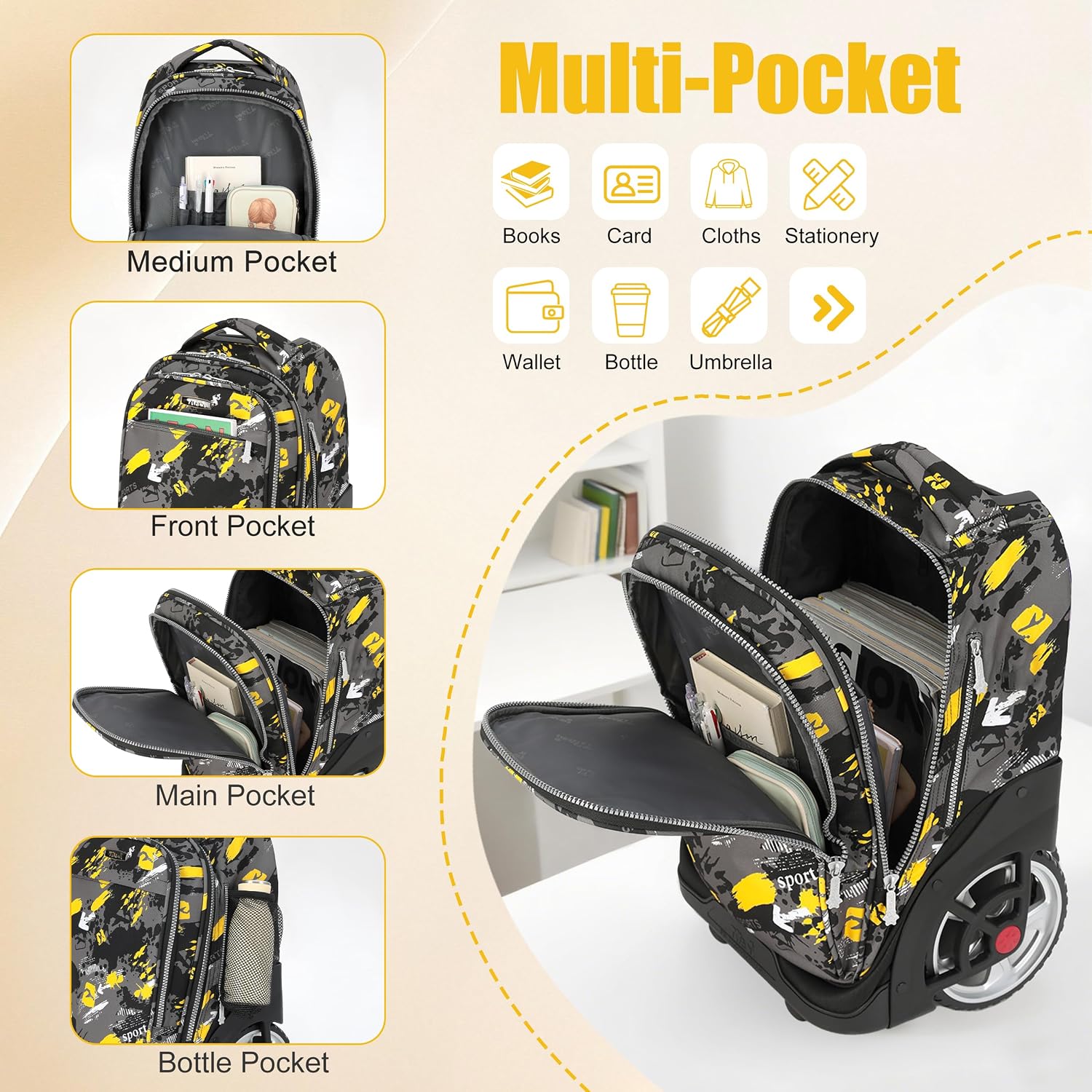 NEW TILAMI 19 Inch Rolling Backpack with Lunch Bag for Girls Boys Wheeled Laptop Backpack Durable Carry-on Bag School Travel, Doodle Yellow