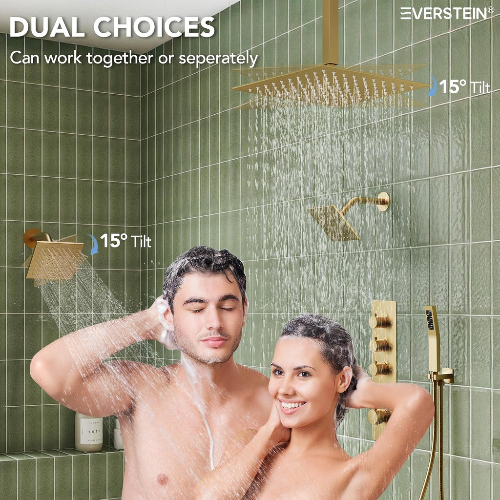 Thermostatic Shower system, 16, 6 in. Bathroom Shower Set Wall Mount Dual Shower Head Faucet in Brushed Gold