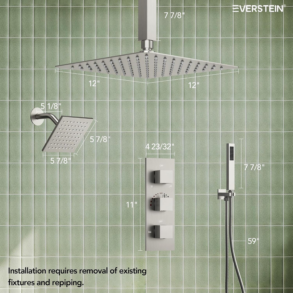 12' Ceiling Mount Dual Rainfall Shower Head System with Handheld Spray, Bathroom Shower Set with Valve (Brushed Nickel)