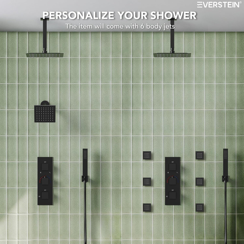 12' Ceiling Mount Dual Rainfall Shower Head System with Handheld Spray, Bathroom Shower Set with Valve (Matte Black)