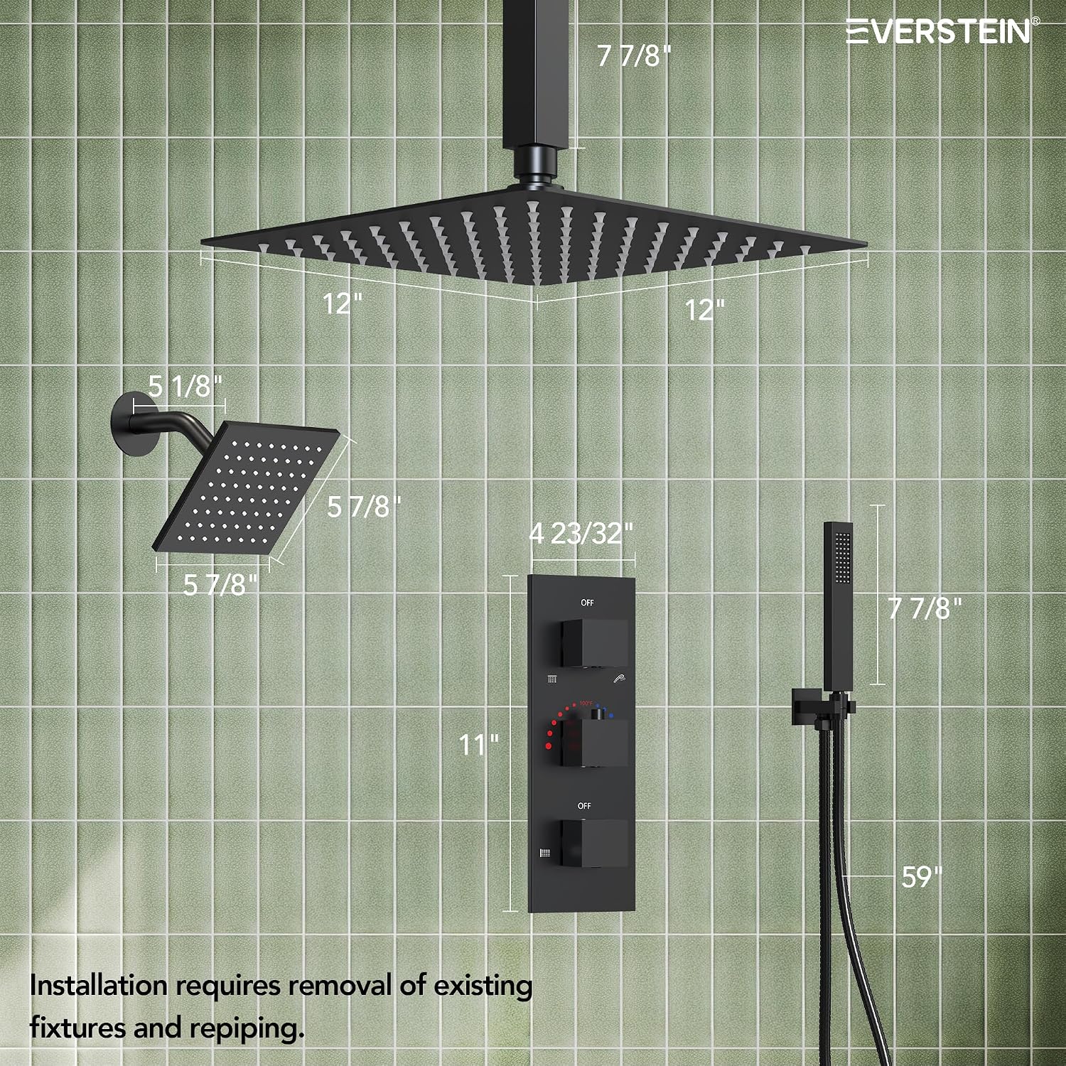 12' Ceiling Mount Dual Rainfall Shower Head System with Handheld Spray, Bathroom Shower Set with Valve (Matte Black)